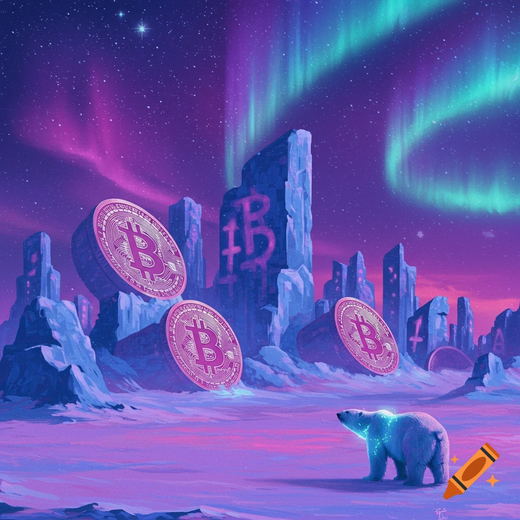 Large pink Bitcoin coins and ice formations under a purple and green aurora in an arctic landscape, with a polar bear.