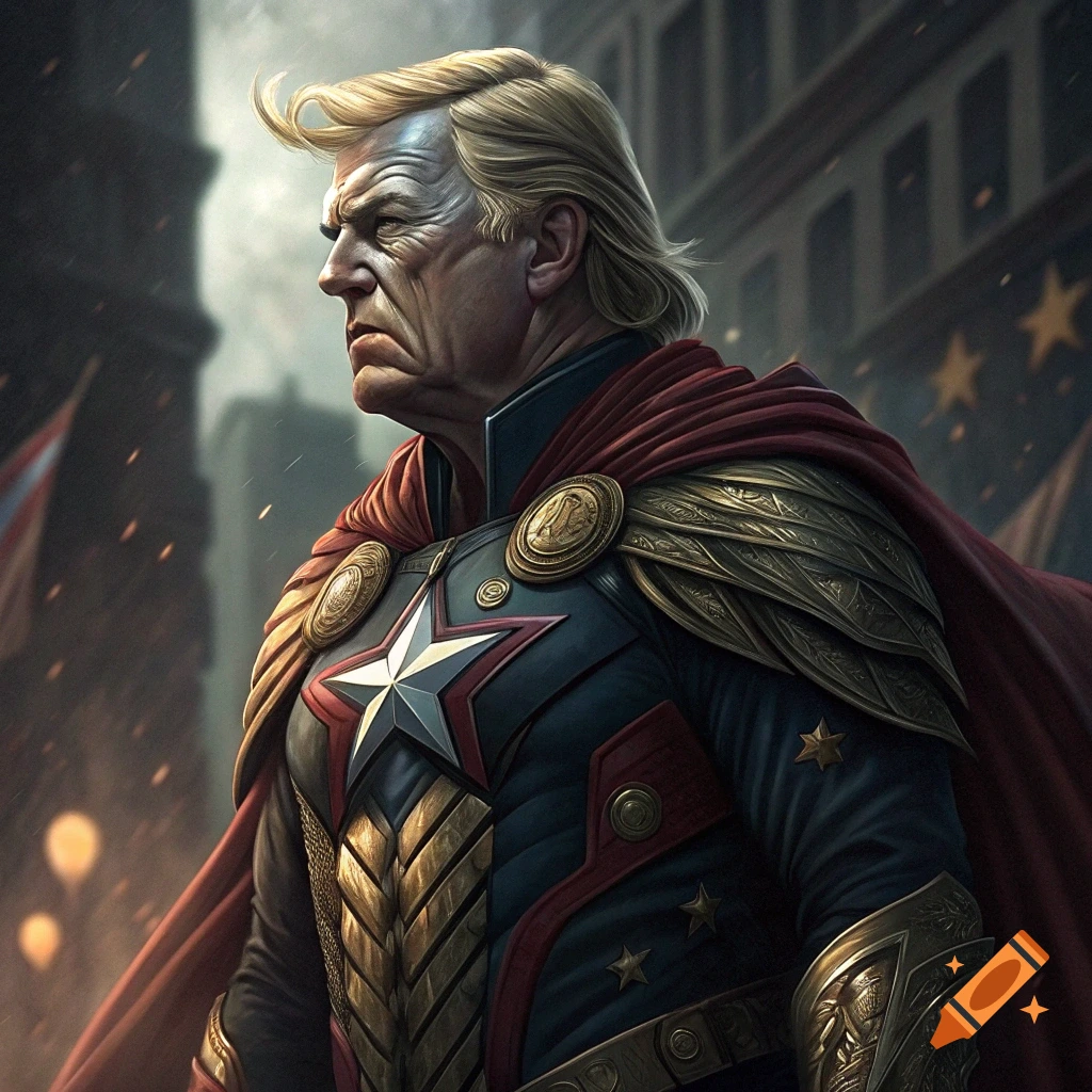 Portrait of Donald Trump depicted as a superhero in a cape and armored costume