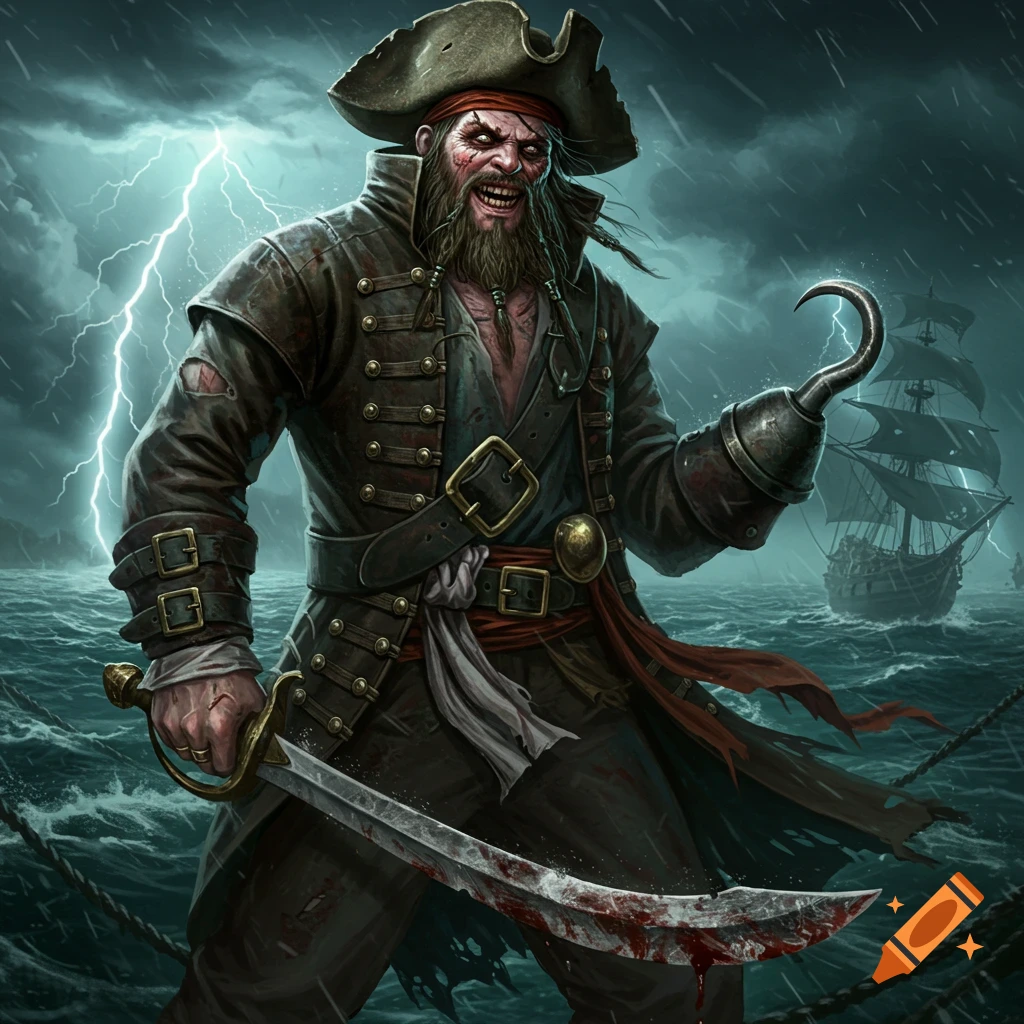 A creepy pirate with a hook hand and bloody sword stands on a ship during a lightning storm.