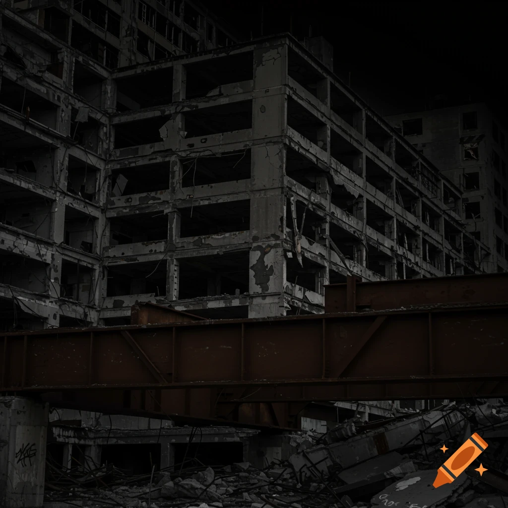 A dark image of a ruined multi-story building with a large rusty beam in the foreground.