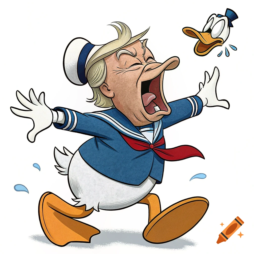 Cartoon caricature of Donald Trump with a duck body in a sailor suit having a tantrum, with a duck head nearby.