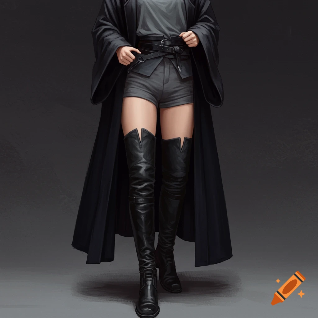 A person wearing black robe, gray shorts, and black knee-high boots.