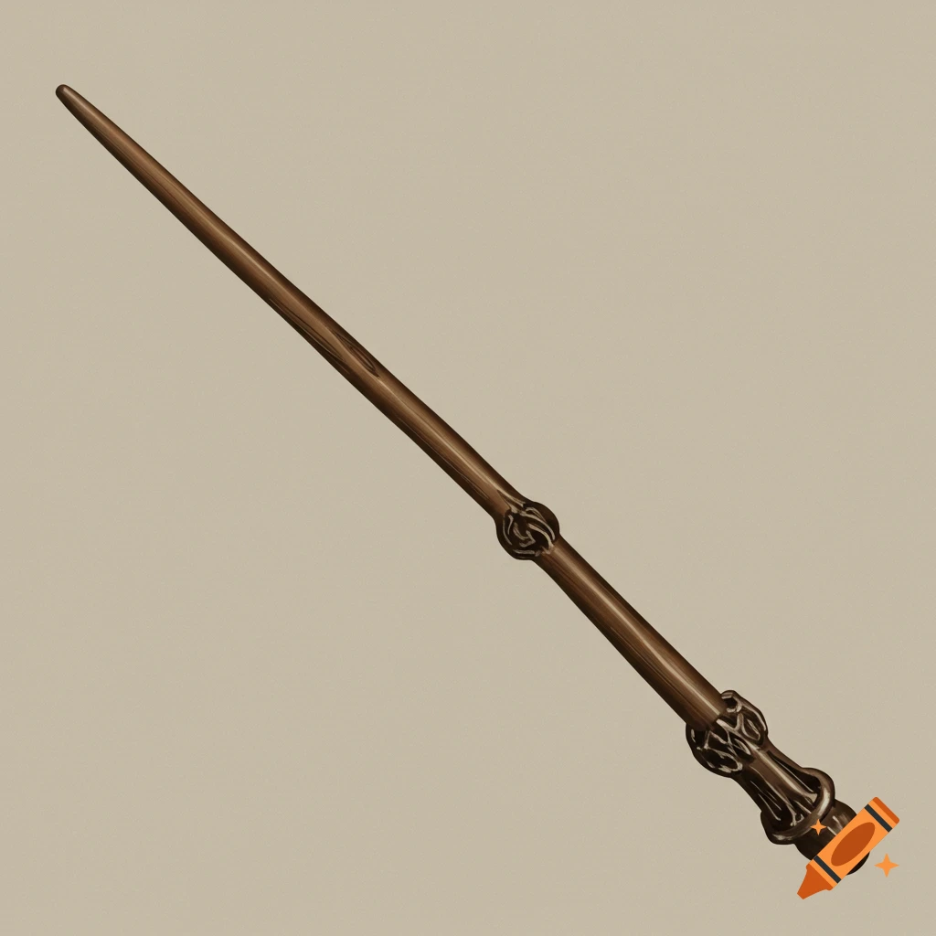 A close-up of a brown wooden wand with ornate carvings on a neutral background.