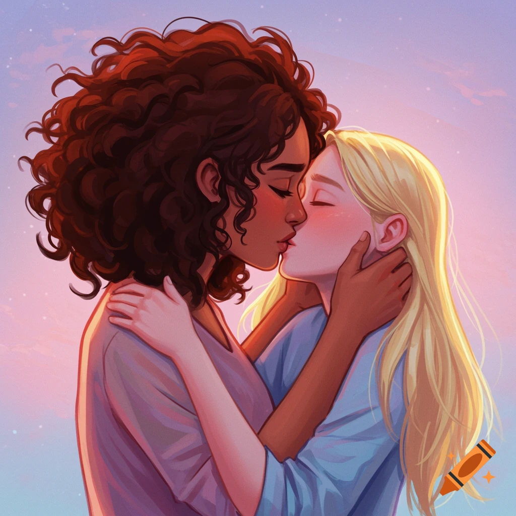 Two young women are kissing under a soft gradient sky.