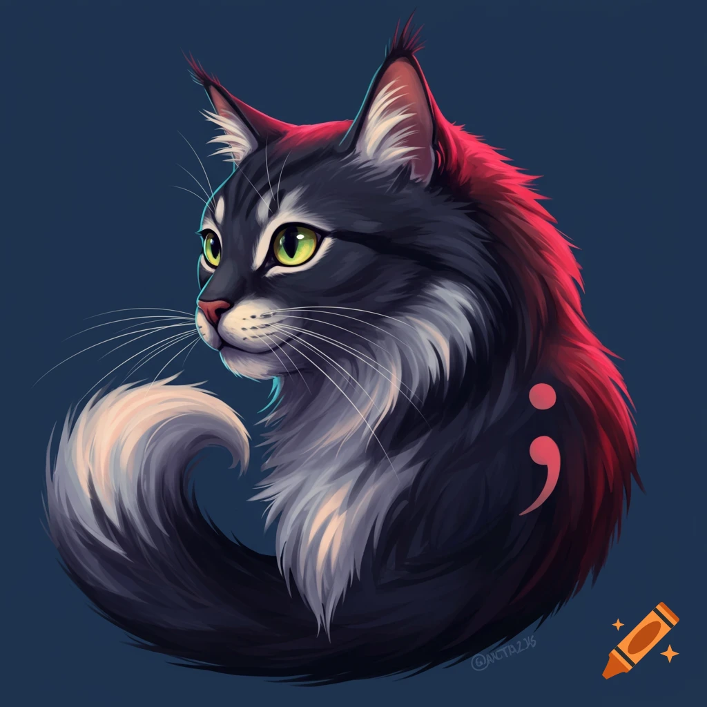 A dark grey cat with green eyes and a red semicolon symbol.