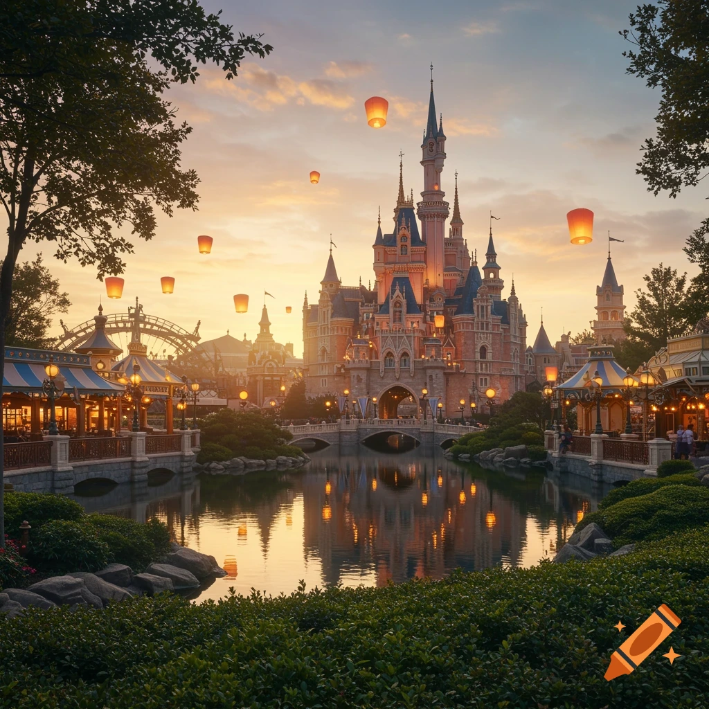 A grand fairytale castle in a theme park at sunset with floating lanterns and water reflections.