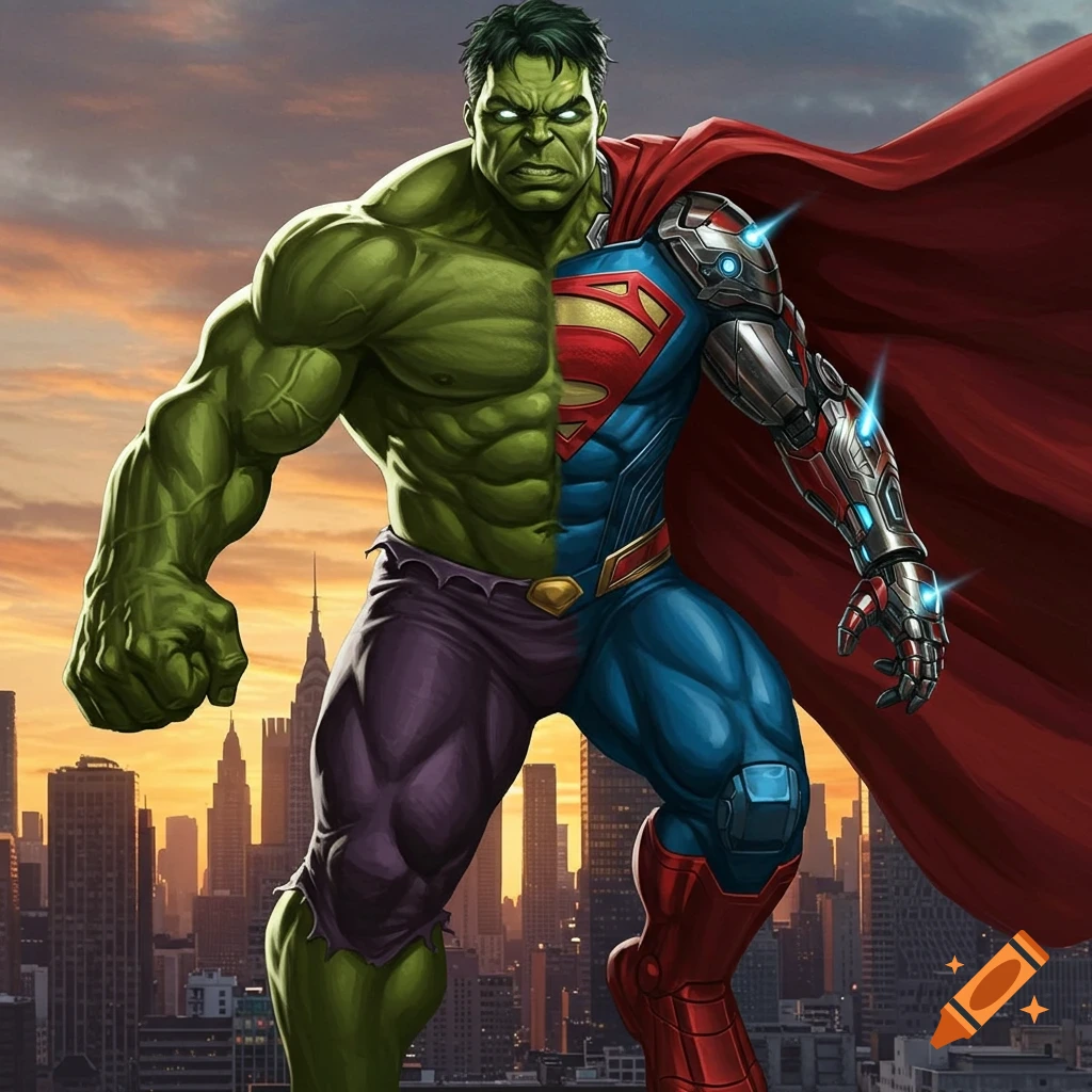 A merged Hulk and Superman character stands over a city skyline at sunset.