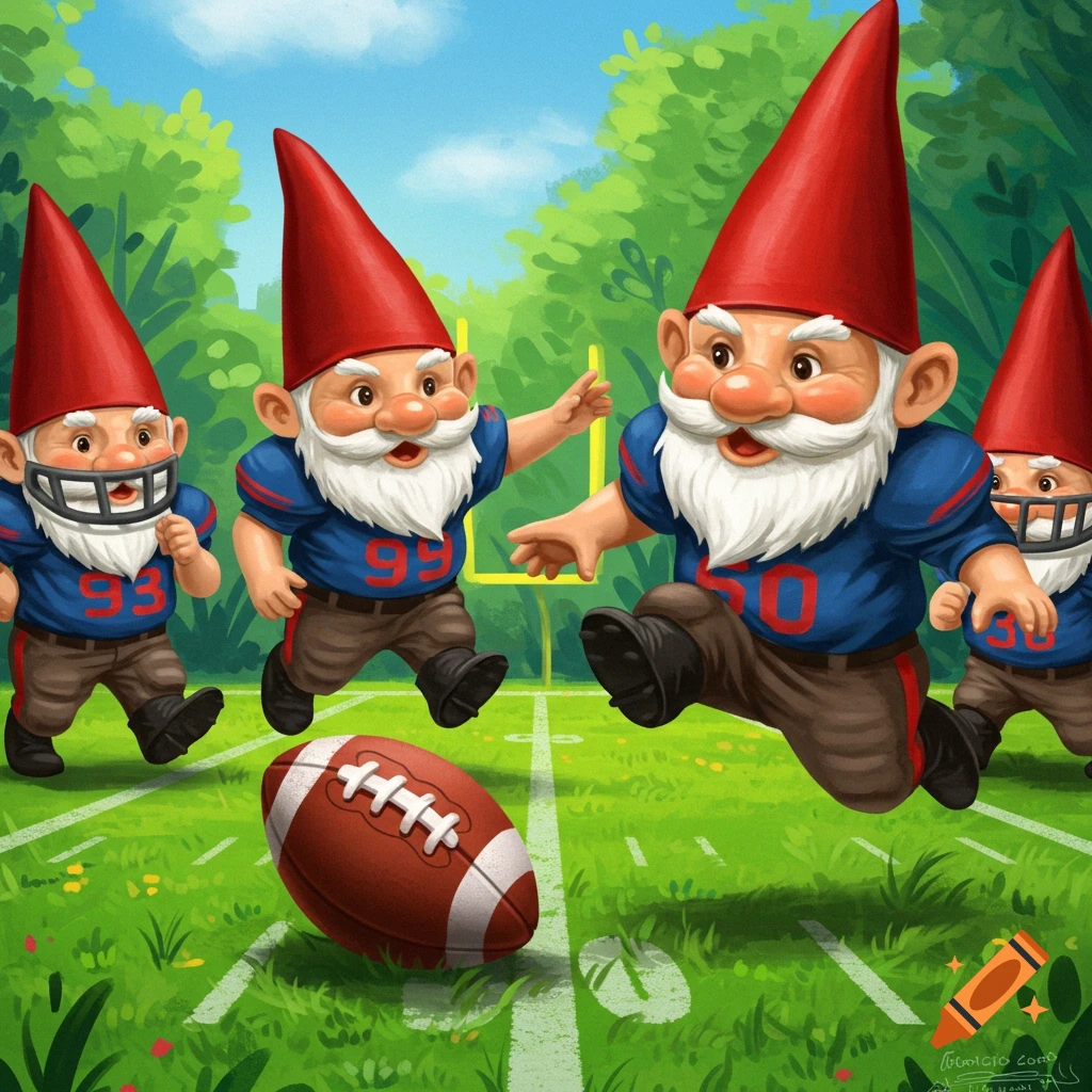 Gnomes playing football on a field.