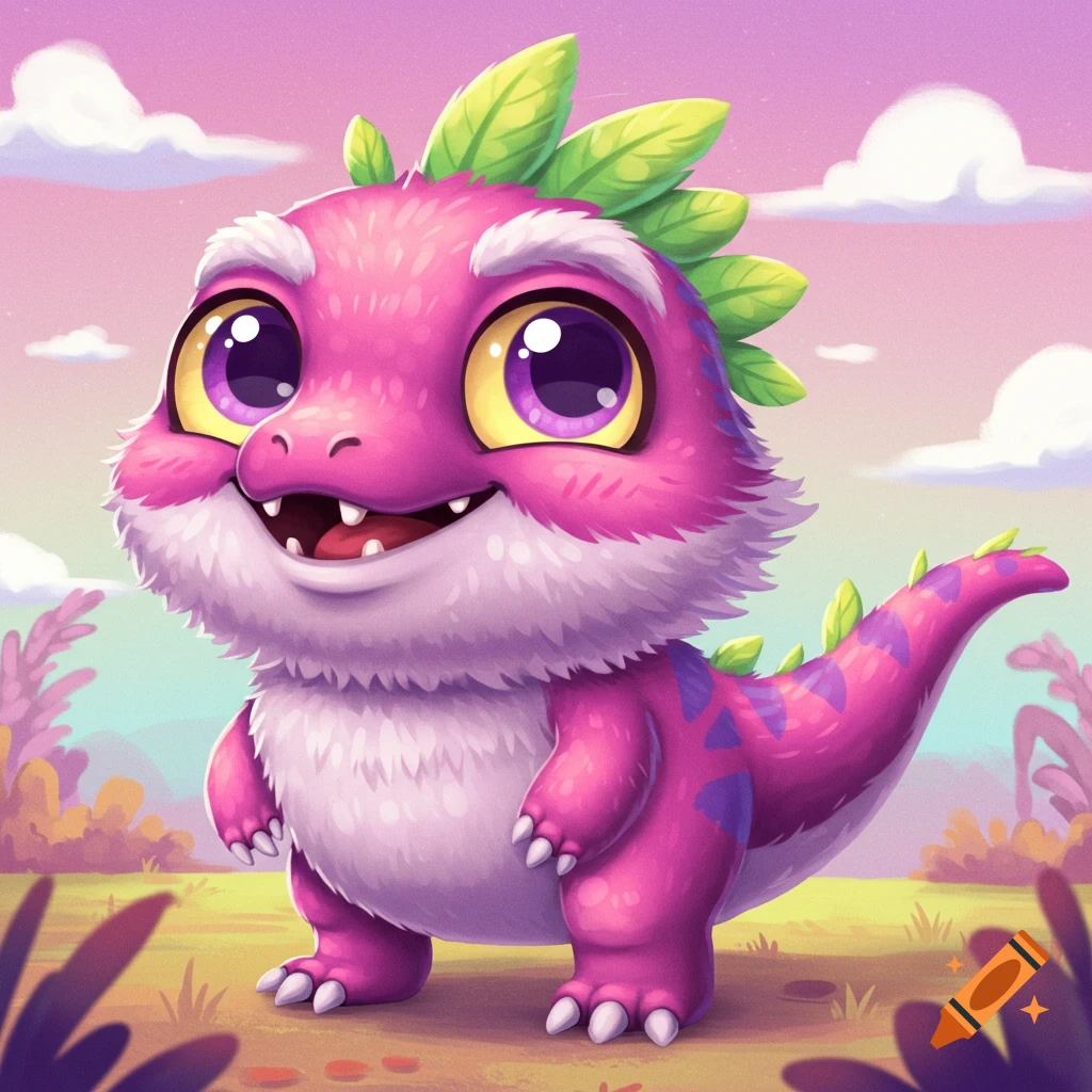 A cute, fluffy, pink and purple cartoon dinosaur with big eyes stands in a whimsical landscape.