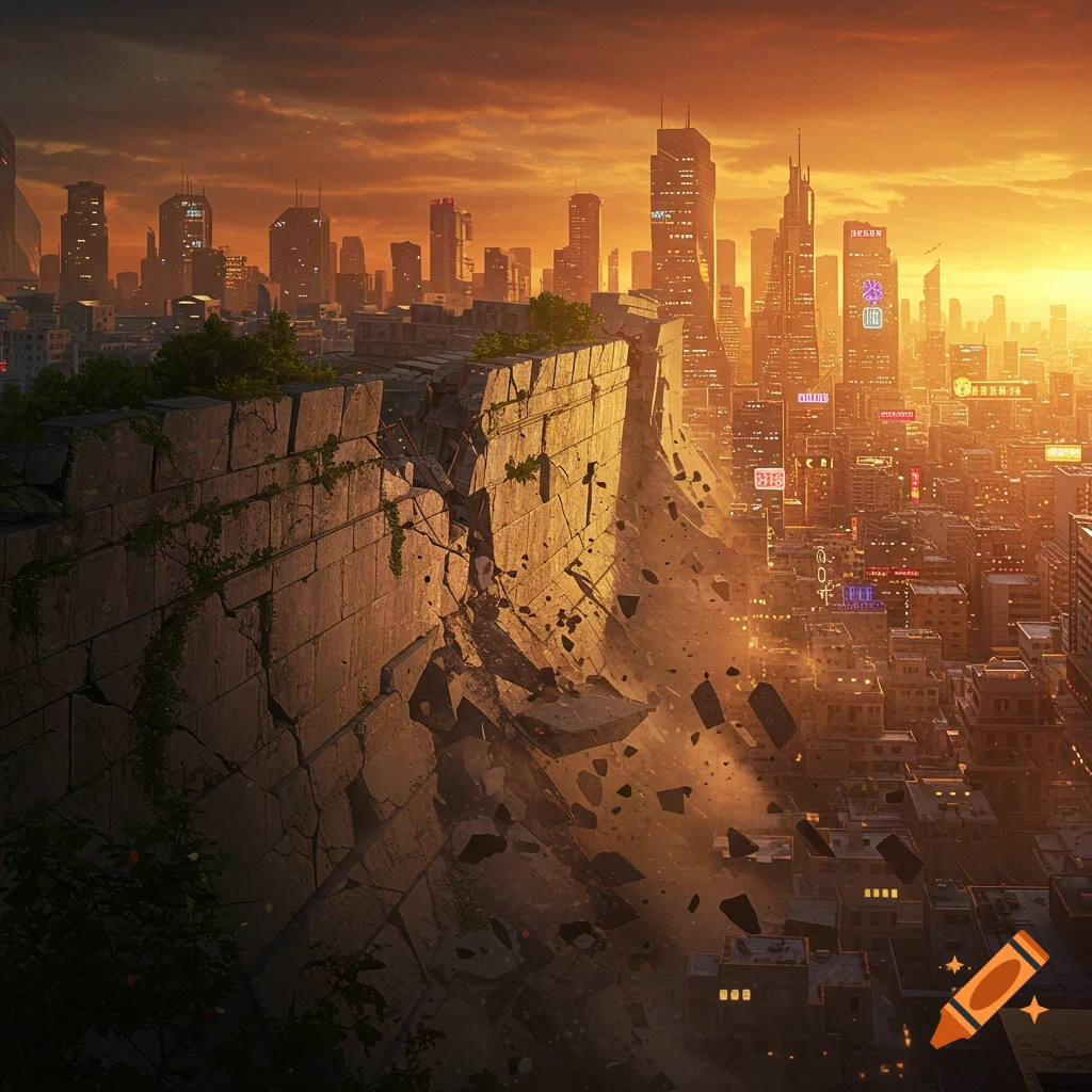 A city with a large stone wall crumbling into rubble at sunset