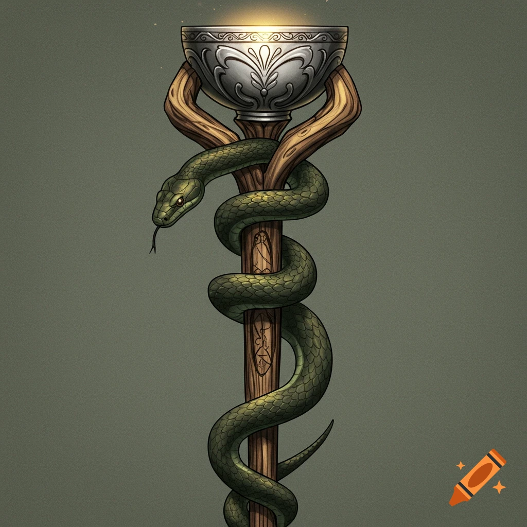 A green snake wrapped around a wooden staff with a decorative silver bowl on top.
