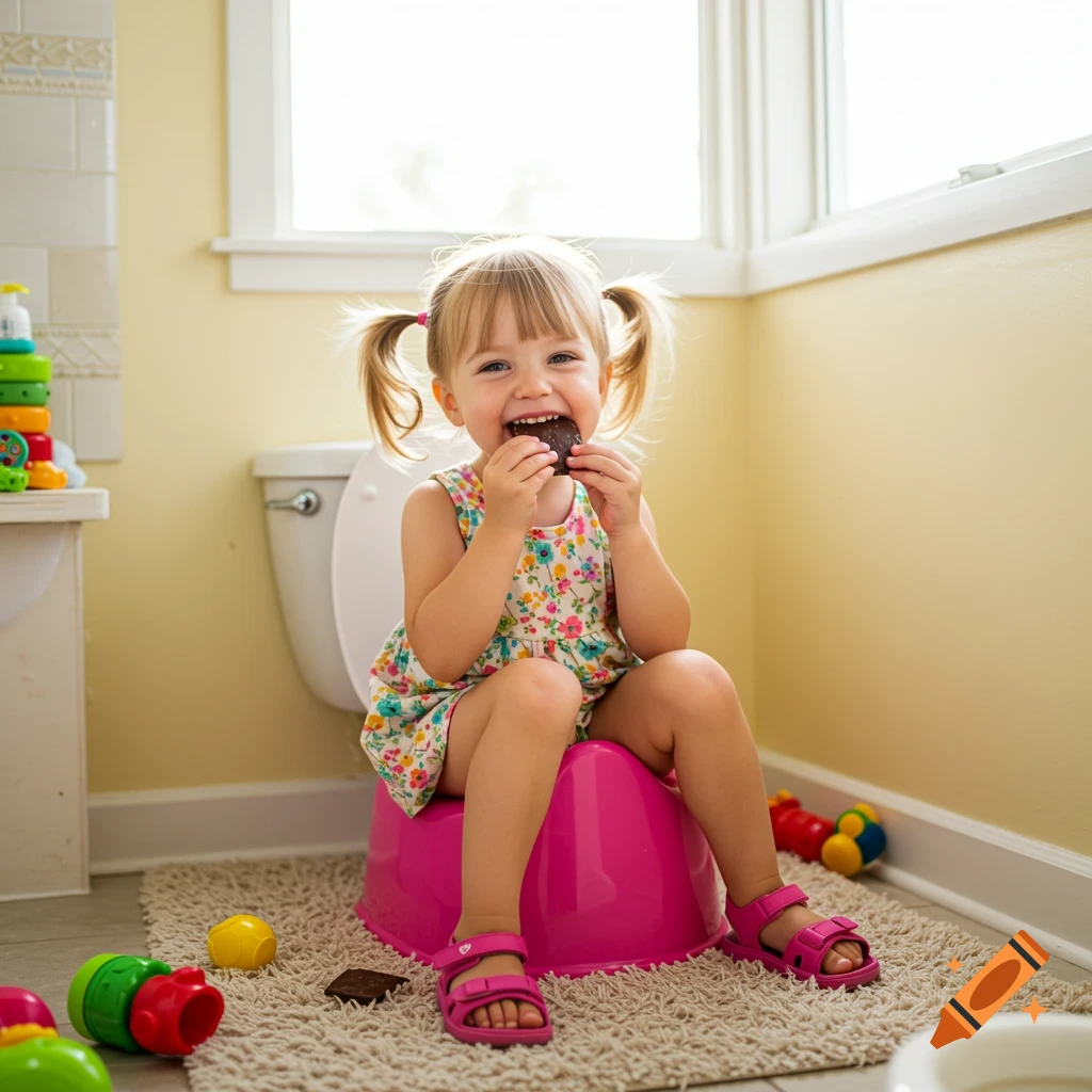A happy little girl with pigtails sits on a pink potty, eating chocolate in a sunlit bathroom.