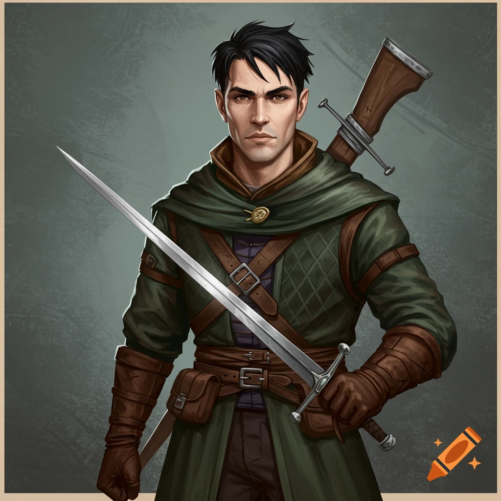 A fantasy rogue character holding a sword