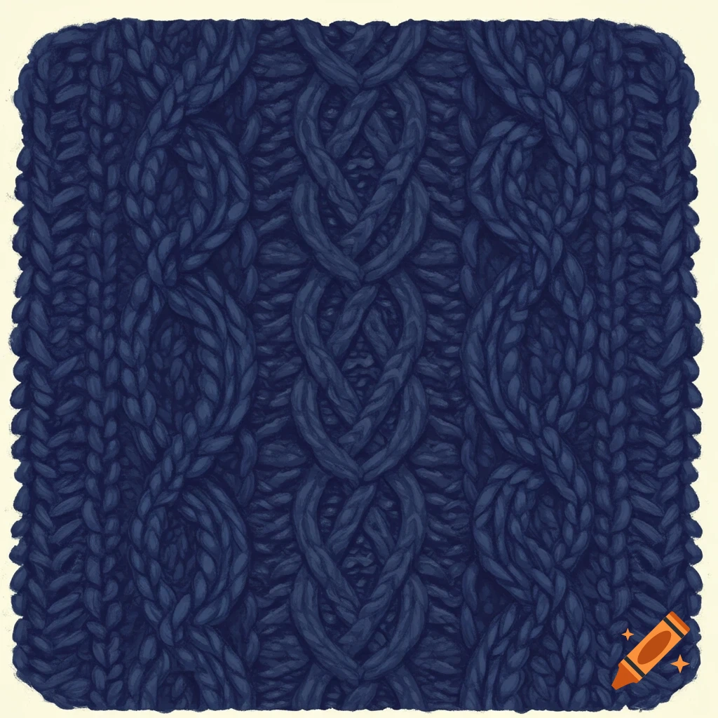 Dark blue knitted fabric with Aran cable patterns.