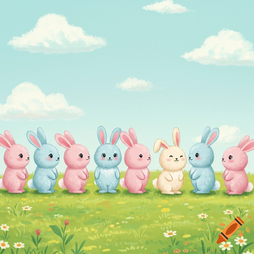 Several pink and blue bunnies are in a grassy field. A yellow bunny is in the middle under a cloudy sky.