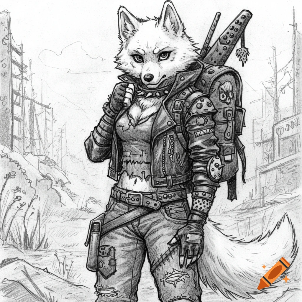 Pencil sketch of a white wolf girl in post-apocalyptic gear standing in ruins.