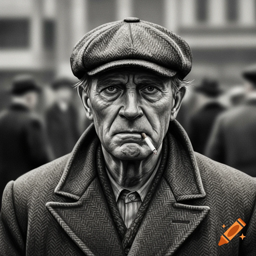 Grayscale portrait of an older man in tweed cap and coat, smoking, with blurry background figures.