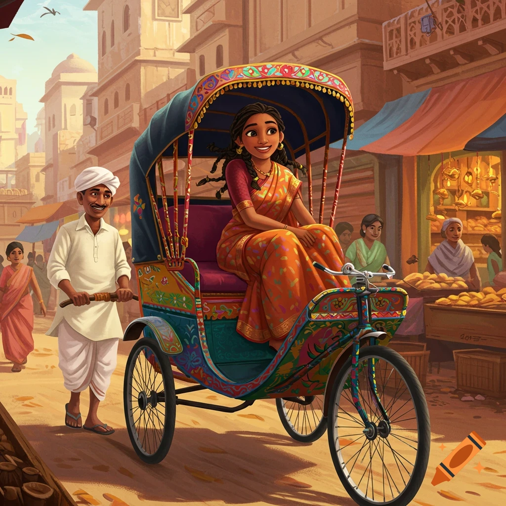 A woman rides in a colorful rickshaw pulled by a man on a busy street in India.