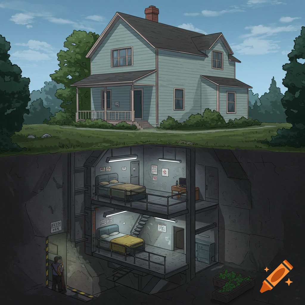A surface house and a multi-level underground bunker.