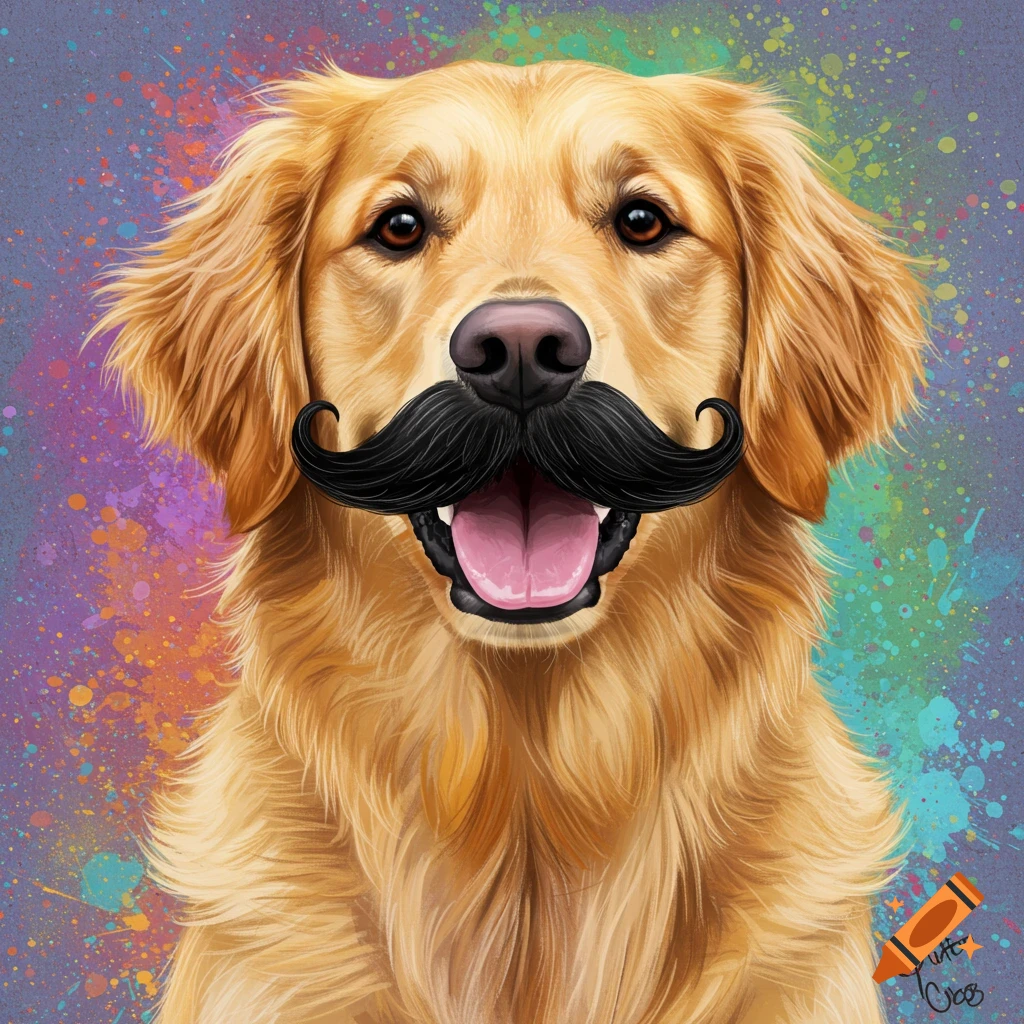 A golden retriever dog is wearing a black mustache against a colorful splatter background.