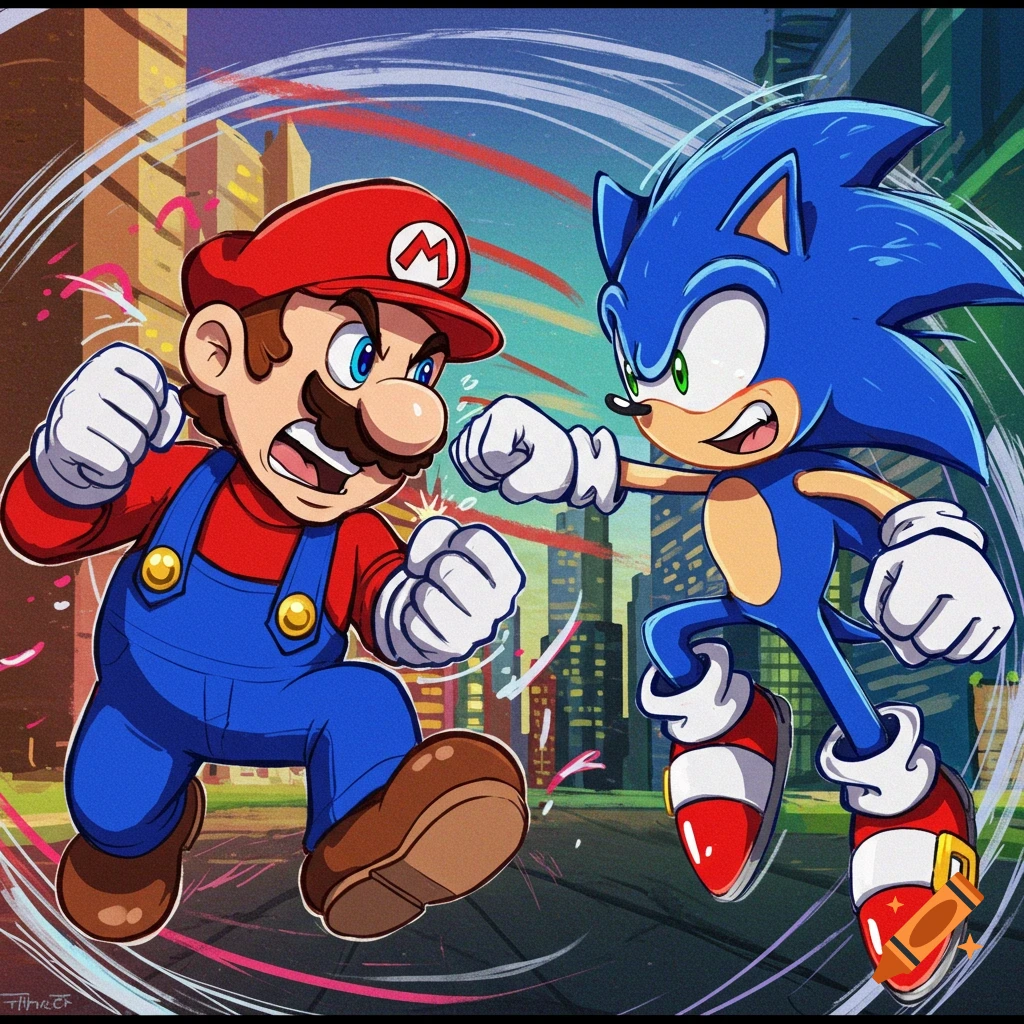 Mario and Sonic face off in a dynamic image with a city background.