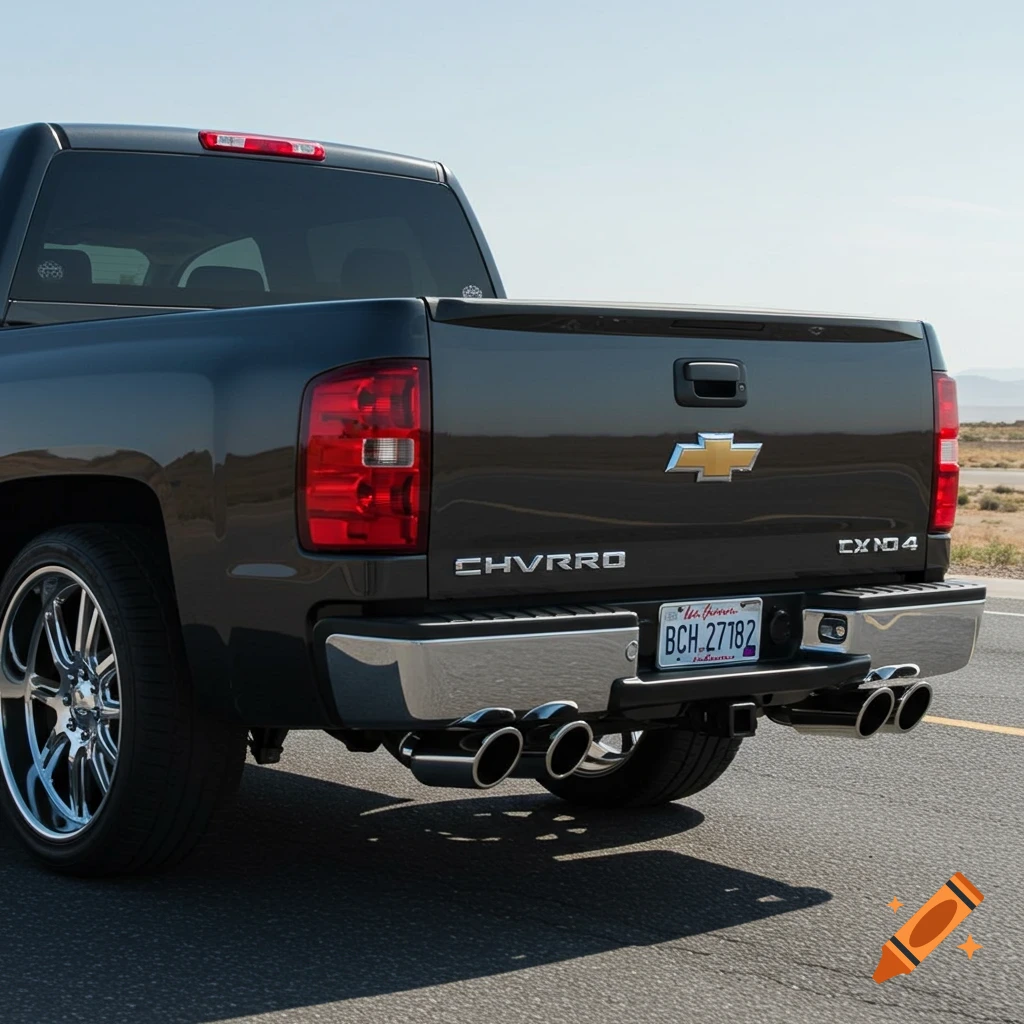 Rear view of a dark grey pickup truck on a road, showing the tailgate, license plate, chrome bumper, and eight exhaust pipes.