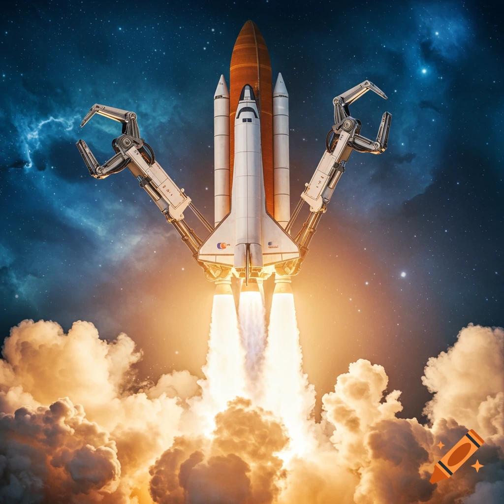 A space shuttle launches with large robotic arms attached, against a starry blue and orange sky.
