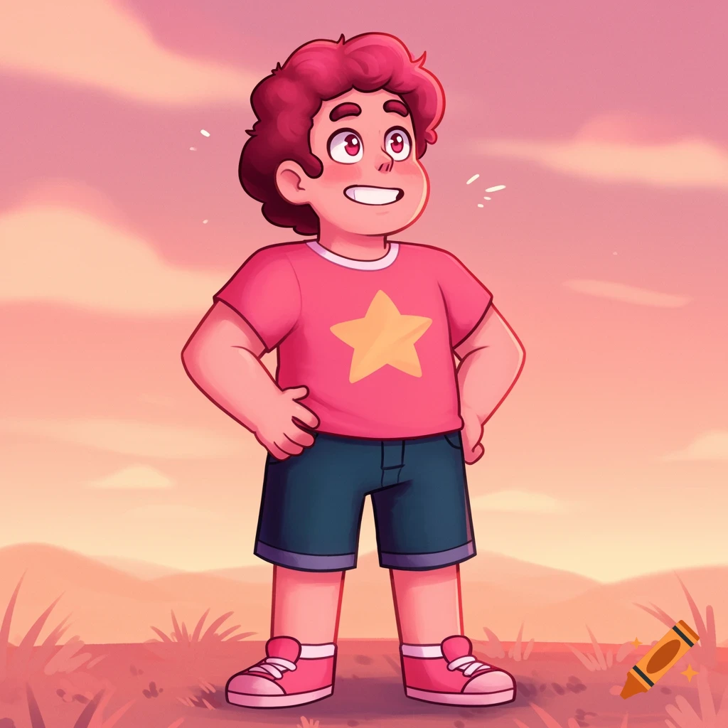 Steven Universe stands with hands on hips against a sunset background in a cartoon style.