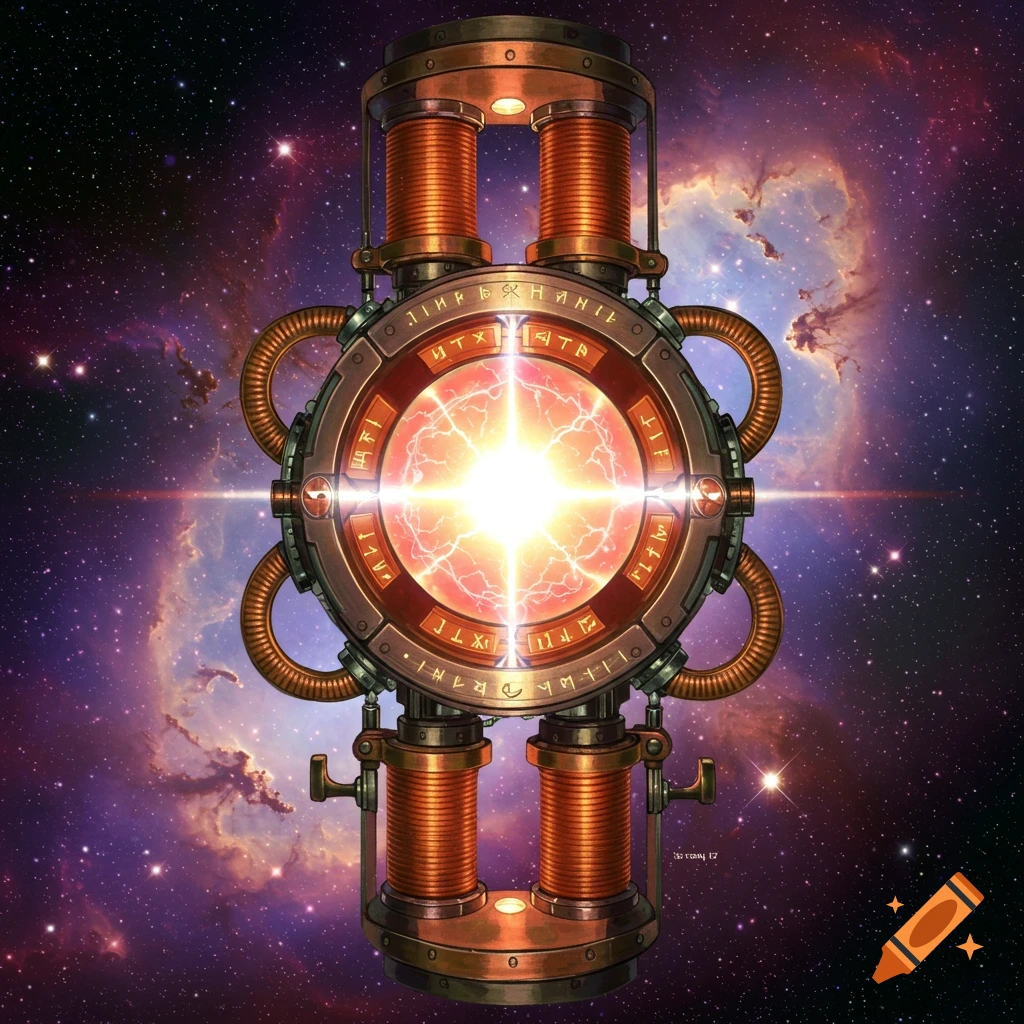 A complex steampunk or sci-fi machine with a glowing core and runes, set against a backdrop of a colorful nebula and stars.