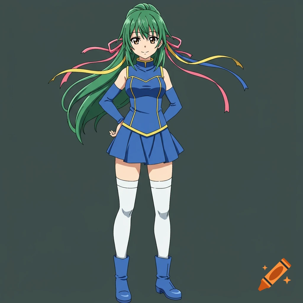 Anime character with long green hair tied with ribbons, blue dress, white stockings, and blue boots.