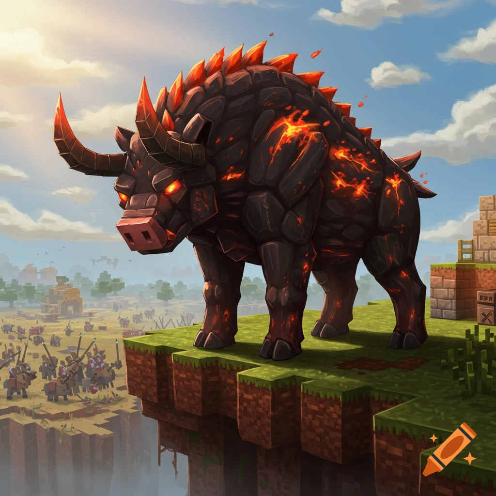 A large, blocky lava monster stands on a cliff edge in a Minecraft-style world with blocky villagers below.
