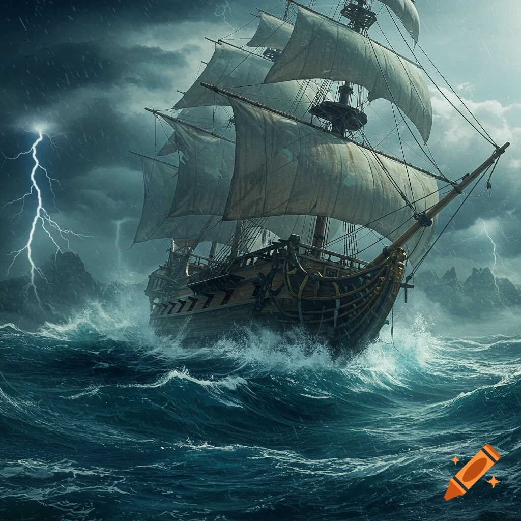 A tattered tall ship battles a storm with lightning in rough seas.