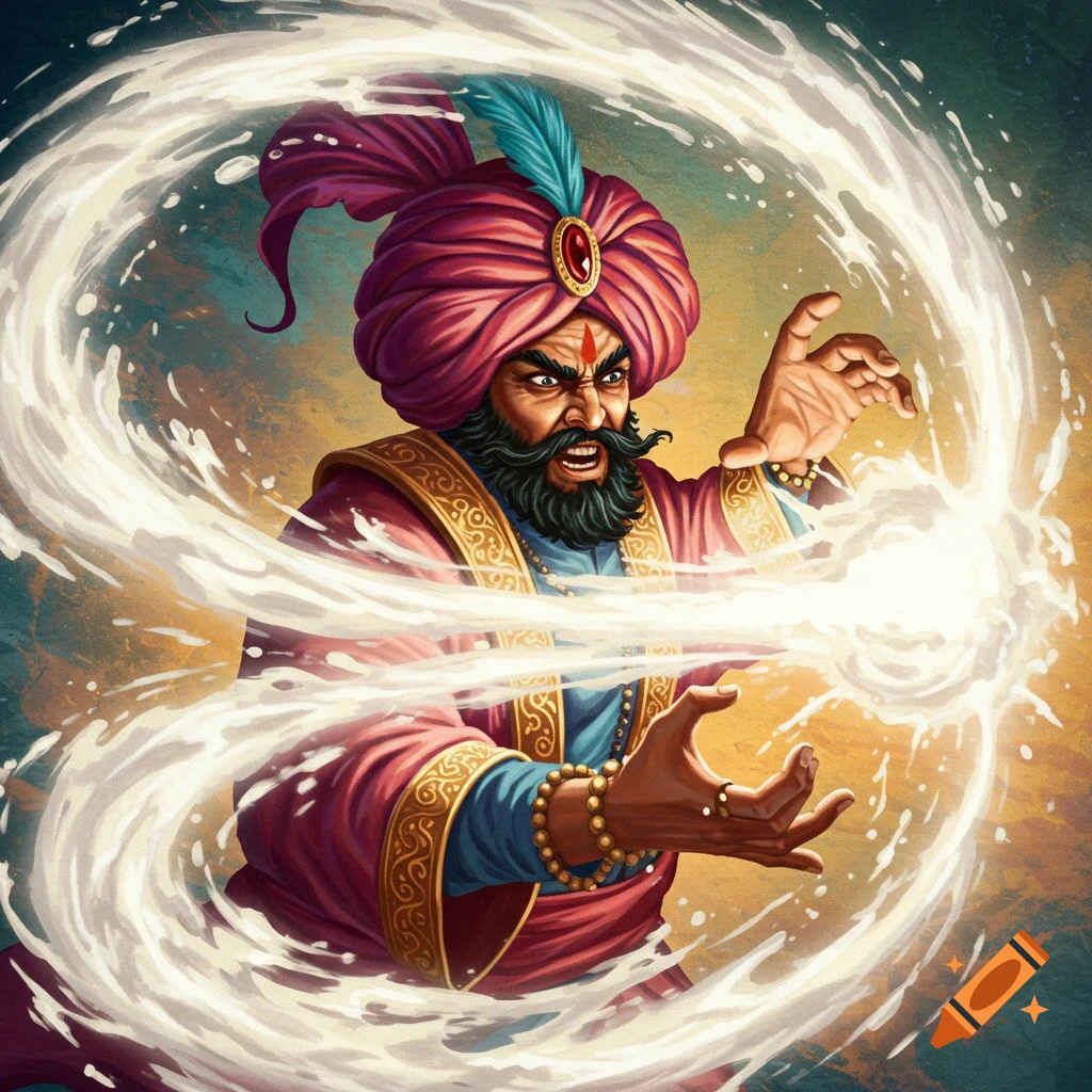 An angry wizard in a turban casting a magic spell with swirling white energy.