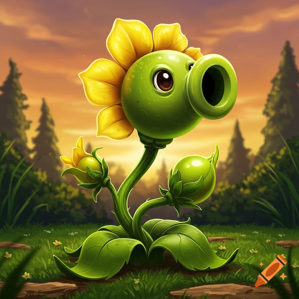 Peashooter from Plants vs. Zombies in a garden at sunset