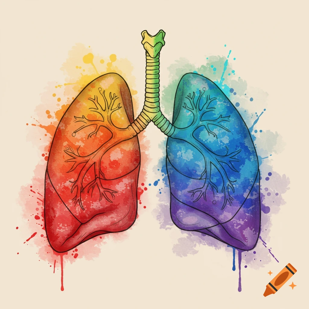 Watercolor painting of human lungs, one in warm rainbow colors, the other in cool rainbow colors, with splatters.