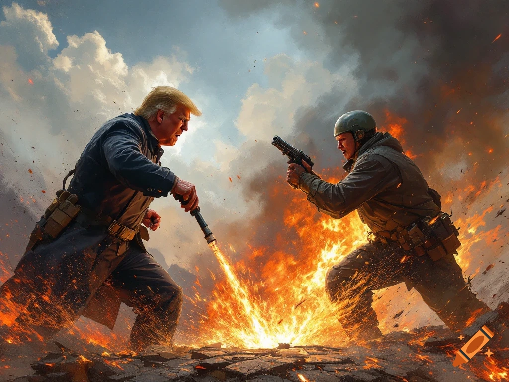 A figure resembling Donald Trump confronting a soldier in a fiery battle scene.