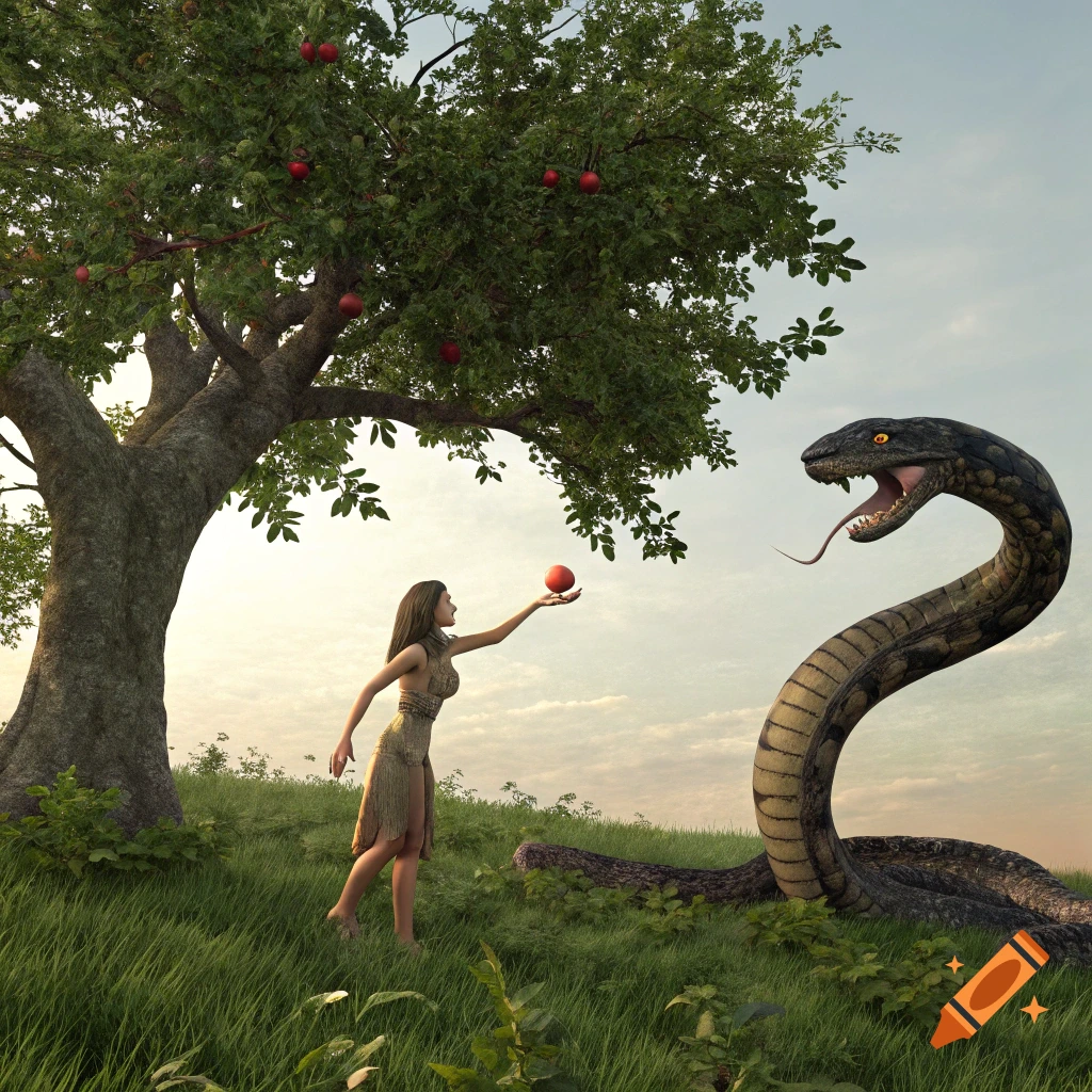 Eve reaches for an apple from a tree with a large snake nearby.