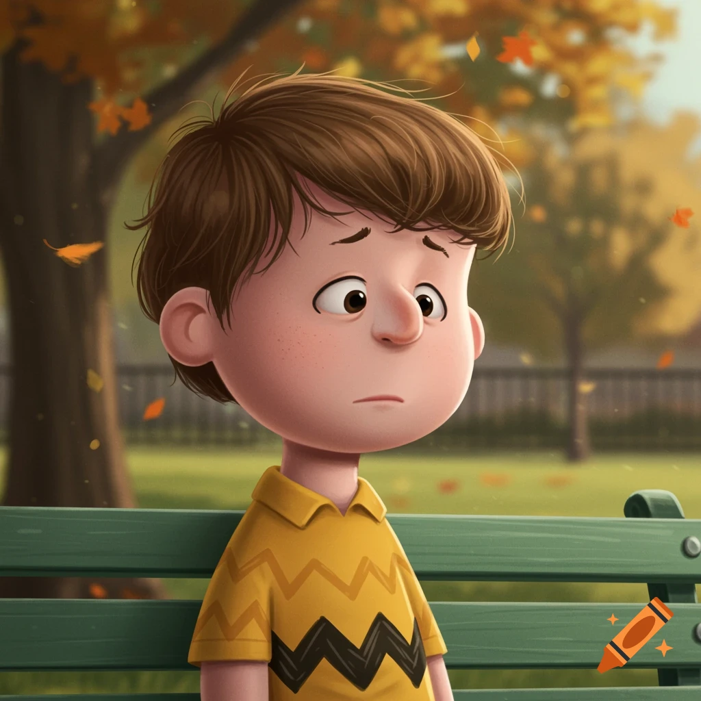 Charlie Brown sits sadly on a park bench in autumn with leaves falling around him.