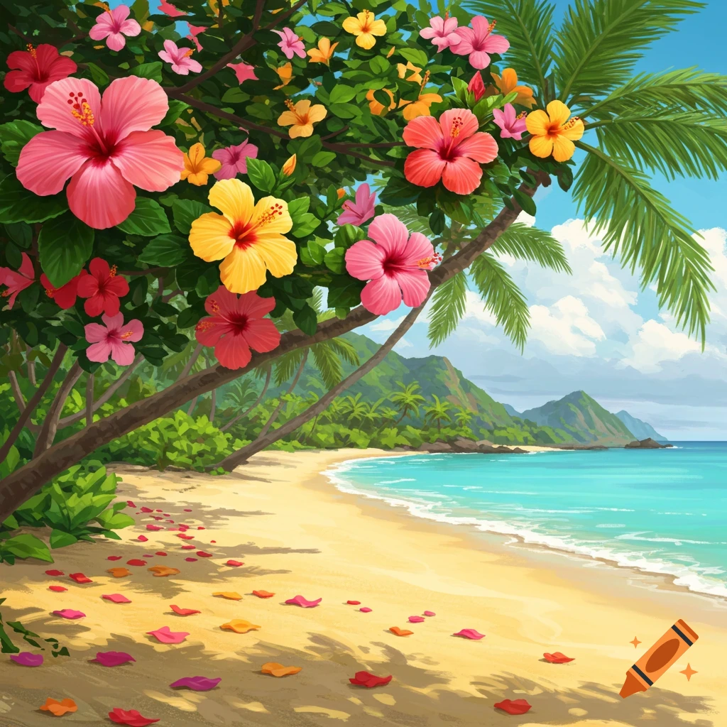 Hibiscus flowers and palm trees on a tropical beach.