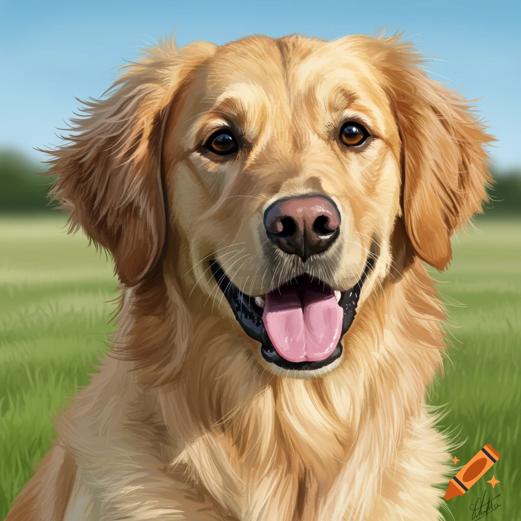 A happy golden retriever dog in a grassy field.
