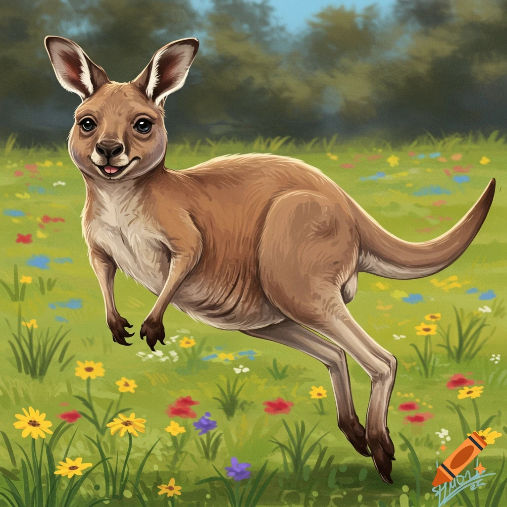 A kangaroo is hopping through a field of colorful flowers.