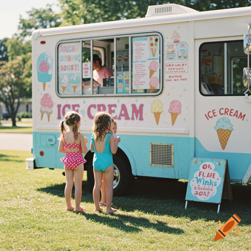 Two young girls wait in line at a brightly decorated ice cream truck on a sunny summer day.