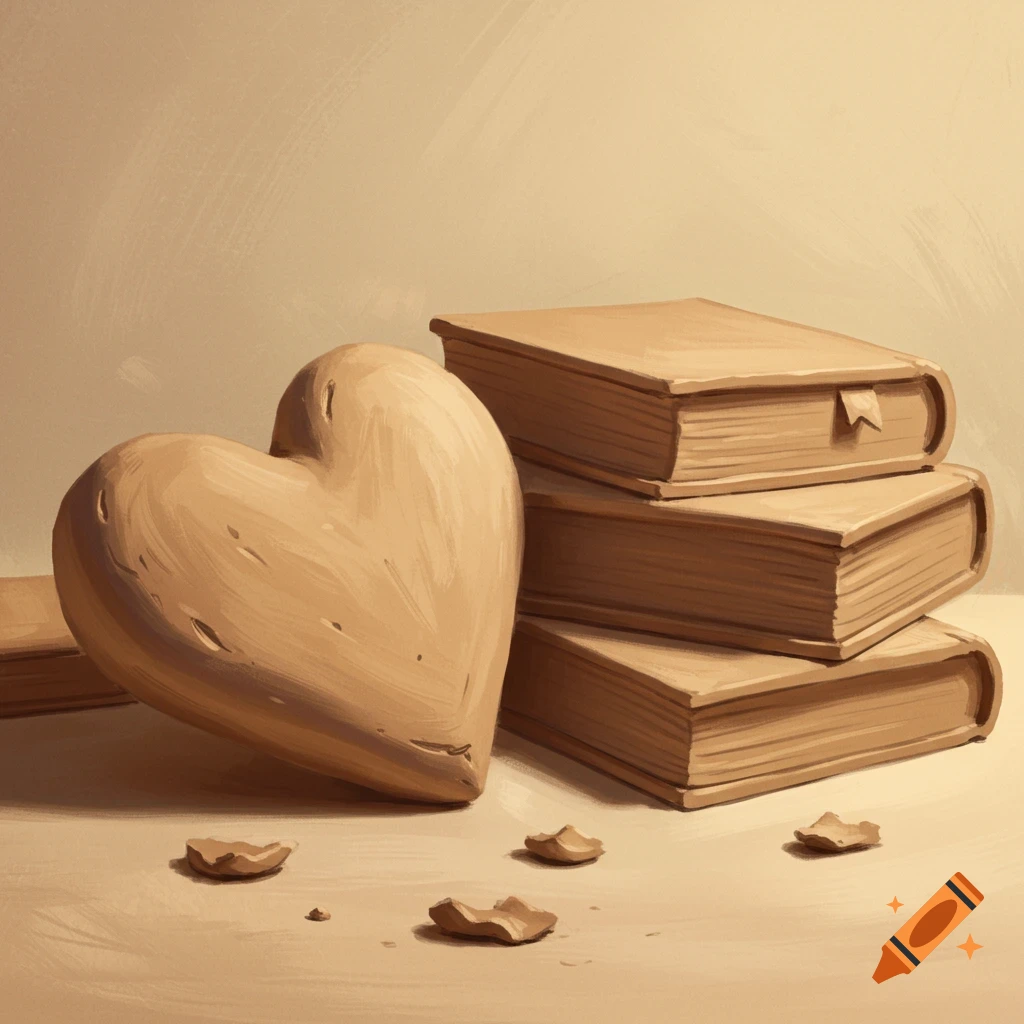 A clay heart next to a stack of clay books.
