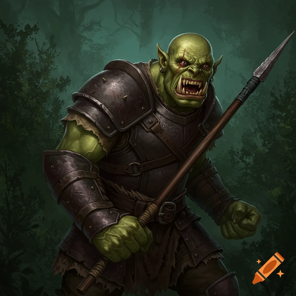 A green-skinned orc with a scar, wearing armor and holding a javelin.