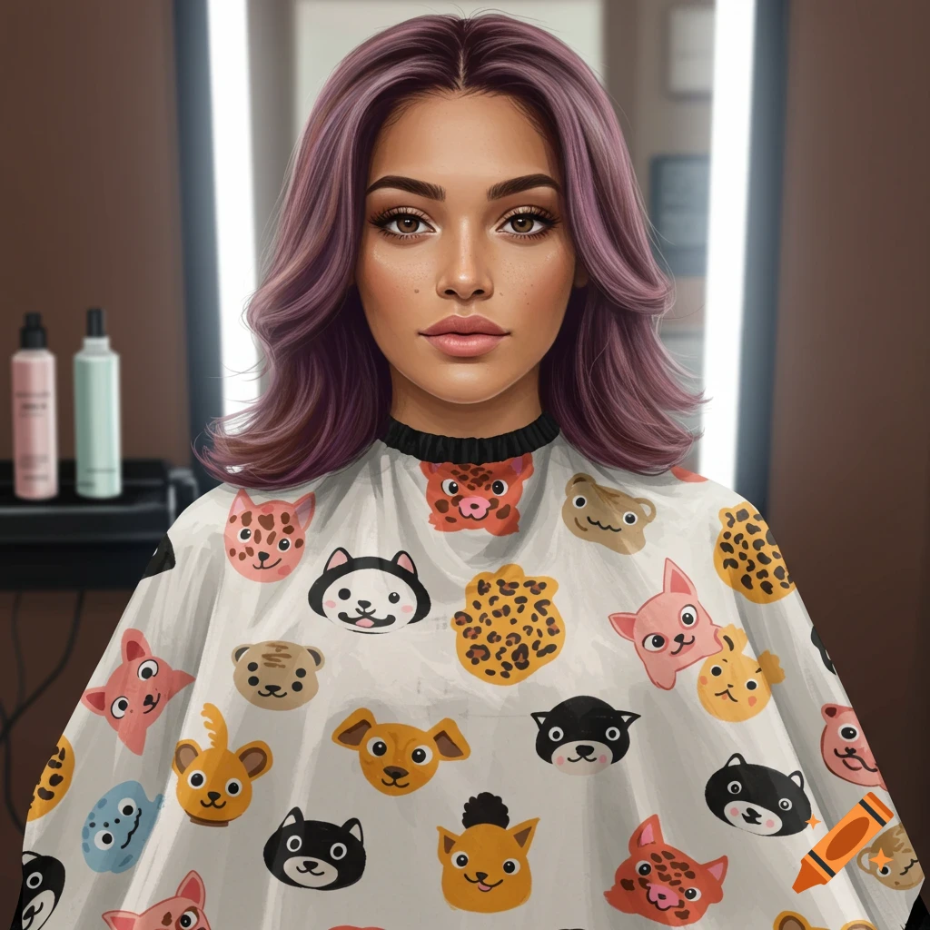 A woman with purple hair wearing a salon cape with cartoon animal faces.