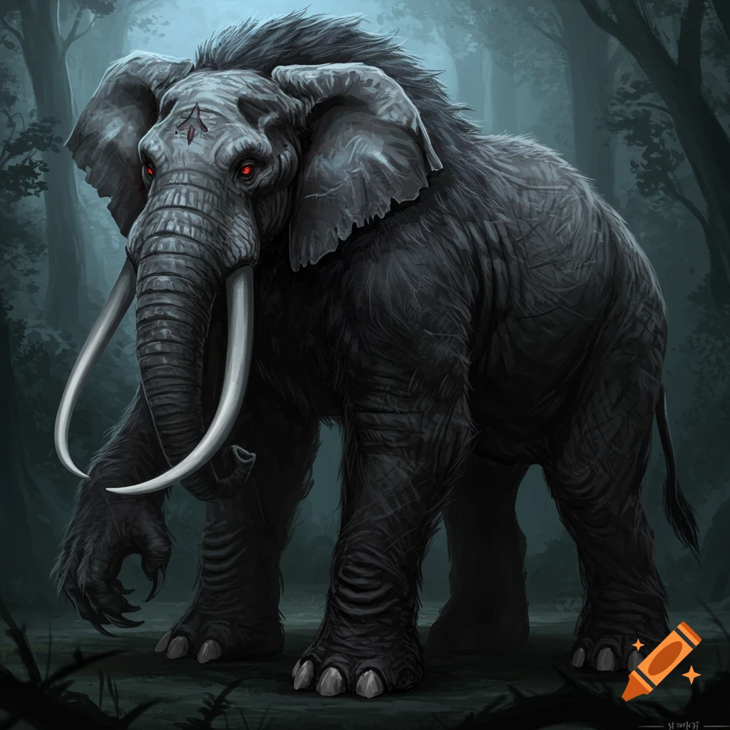 A large dark hairy creature resembling an elephant with red eyes and claws standing in a forest