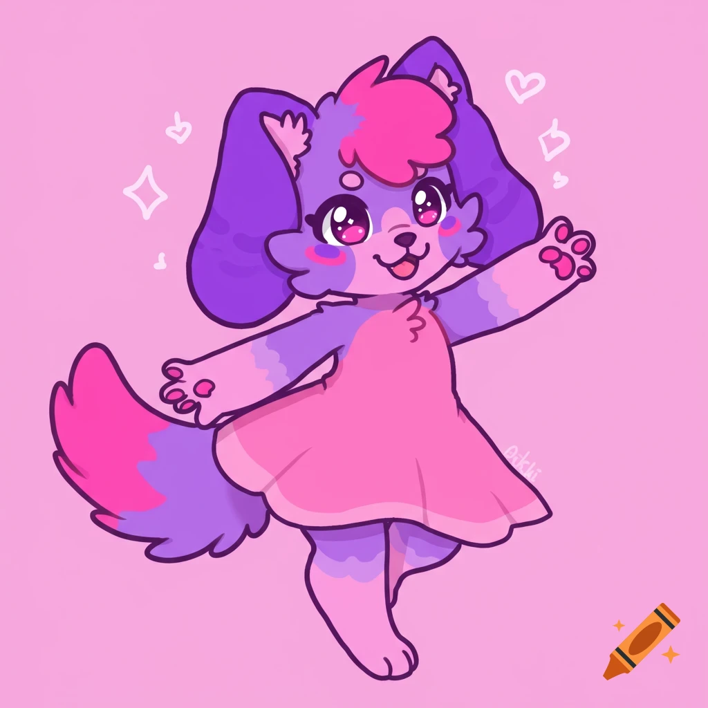 Cartoon furry dog in pink dress waving