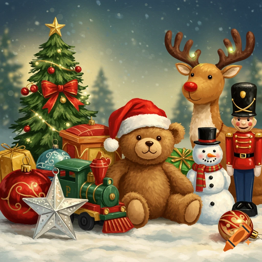 Christmas illustration with teddy bear, toy train, snowman, reindeer, and tree.