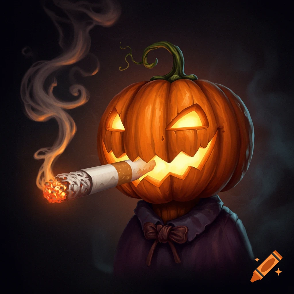 A spooky jack-o'-lantern pumpkin head smoking a cigarette in the dark.