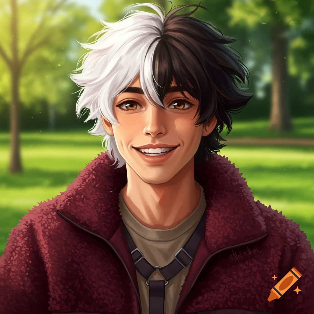 A smiling young man with two-toned black and white hair stands in a sunny park.